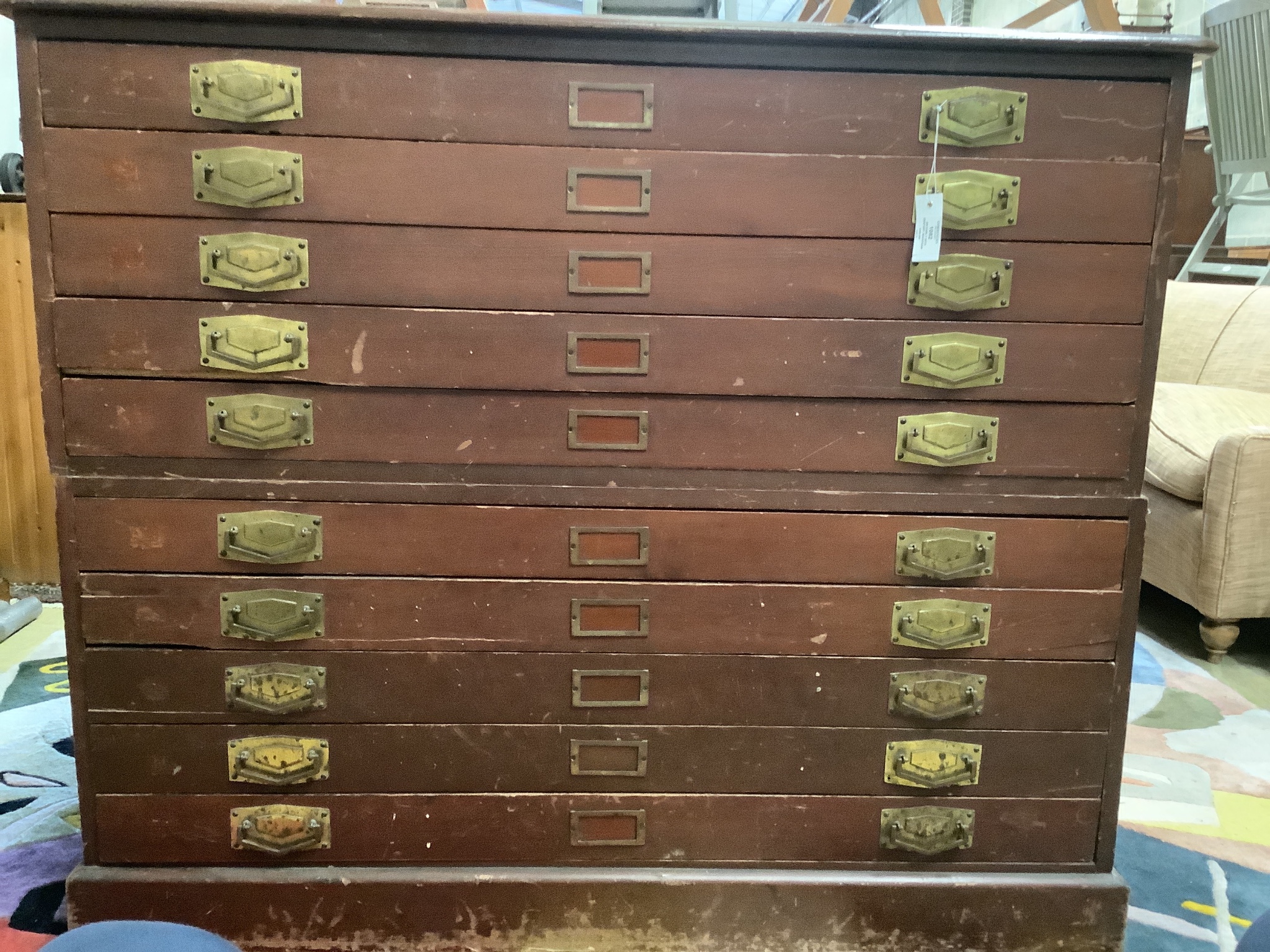 An early 20th century mahogany and beech ten drawer plan chest, length 128cm, depth 91cm, height 108cm